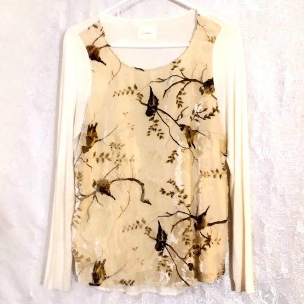 Delatta Anthropologie Bird Print Burnout Velvet Top XS Cream Botanical Long Slee - Picture 2 of 8
